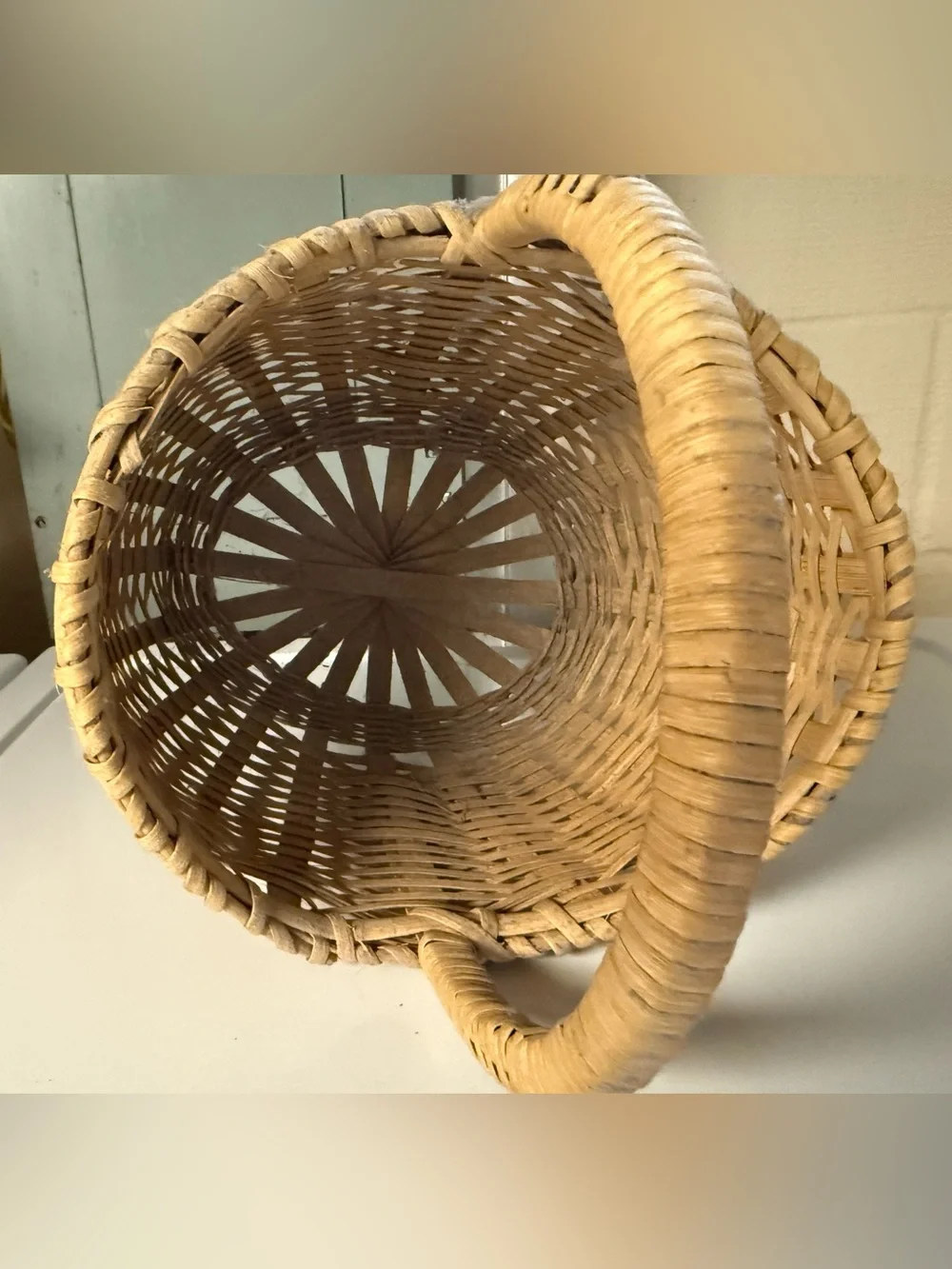 Vintage Hand Crafted Natural Woven Basket in Light Tan with Handle Rustic